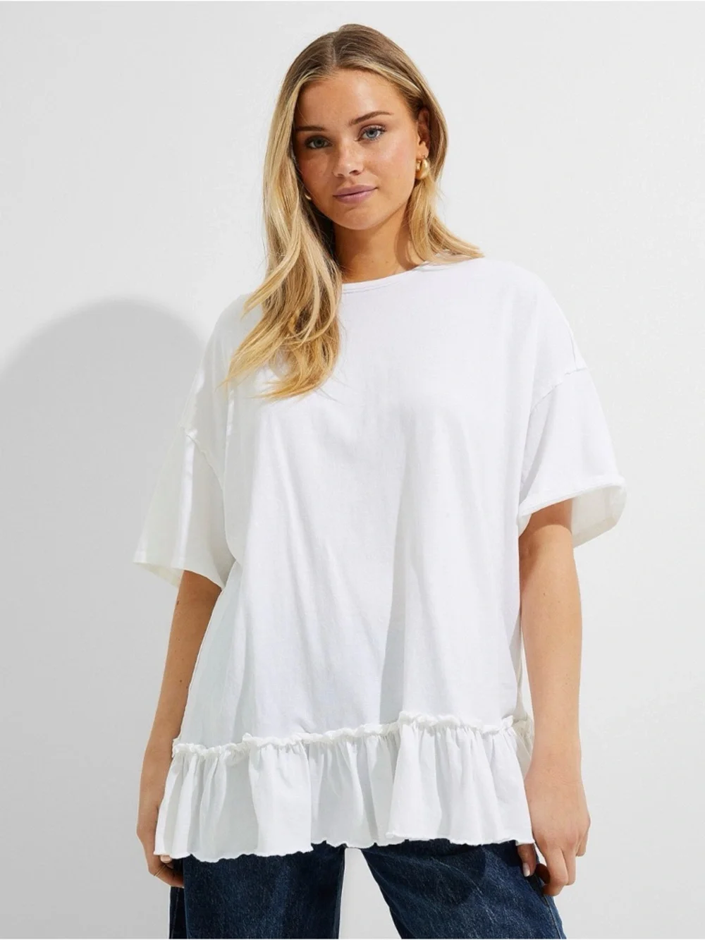 Free People We The Free Why Yes Dress White Mini Ruffle Hem Oversized XL - Picture 2 of 8